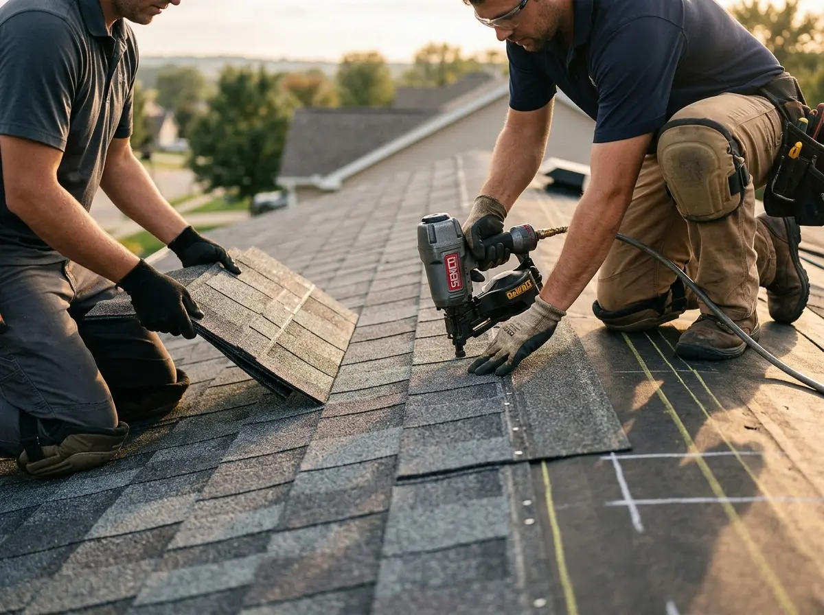 Professional roofer working on a residential roof in Whiskey Creek
